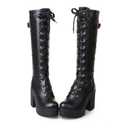 Square Lacing Knee High Heel Boots SE20539