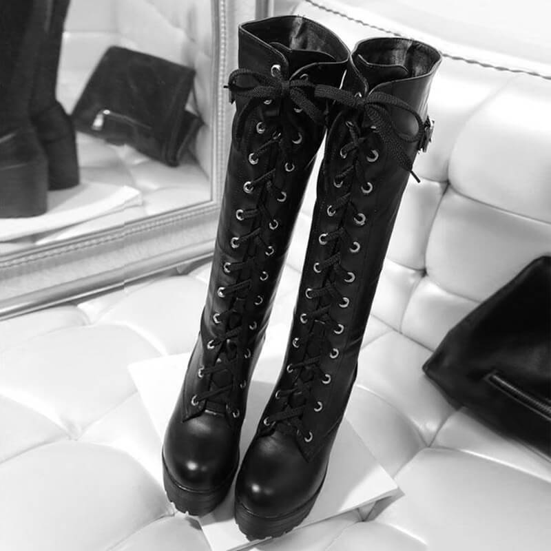 Square Lacing Knee High Heel Boots SE20539