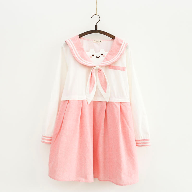 Sweet pink cute bear embroidery rabbit ears navy dress SE11134