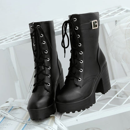 Black White Lace up Boots SE10308