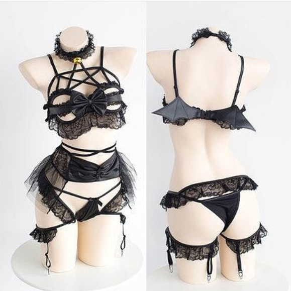 Black,Devil,Sex,Appeal,Lace,Gauze,Lace,Bat,2 Piece,Lingerie,