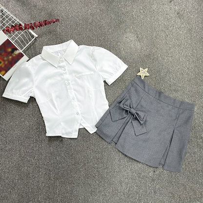 White Shirt Bow Skirt Set SE22413
