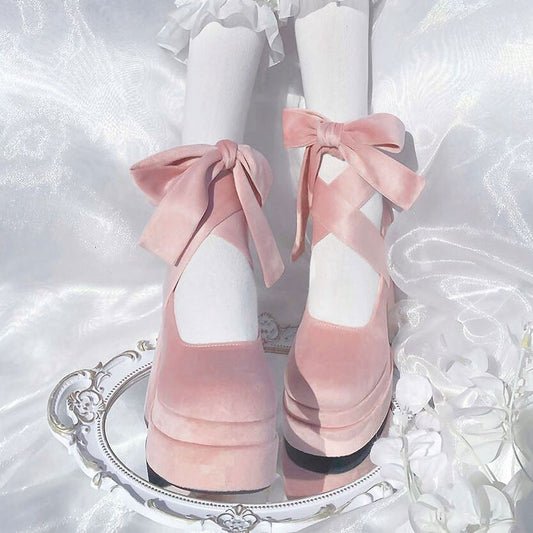 Bow Velvet High Heels Shoes SE23084